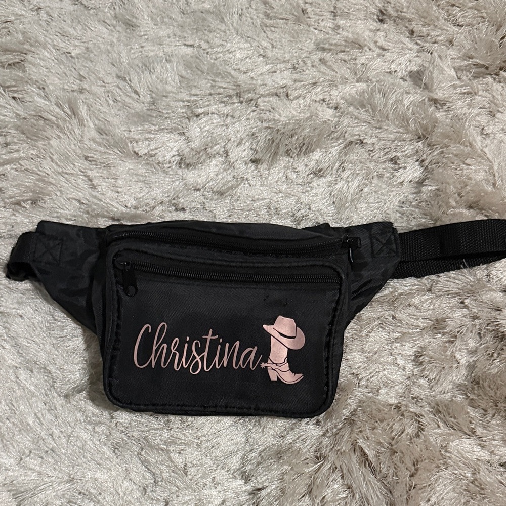 Personalized Black m Fanny Pack with Pink Script Name